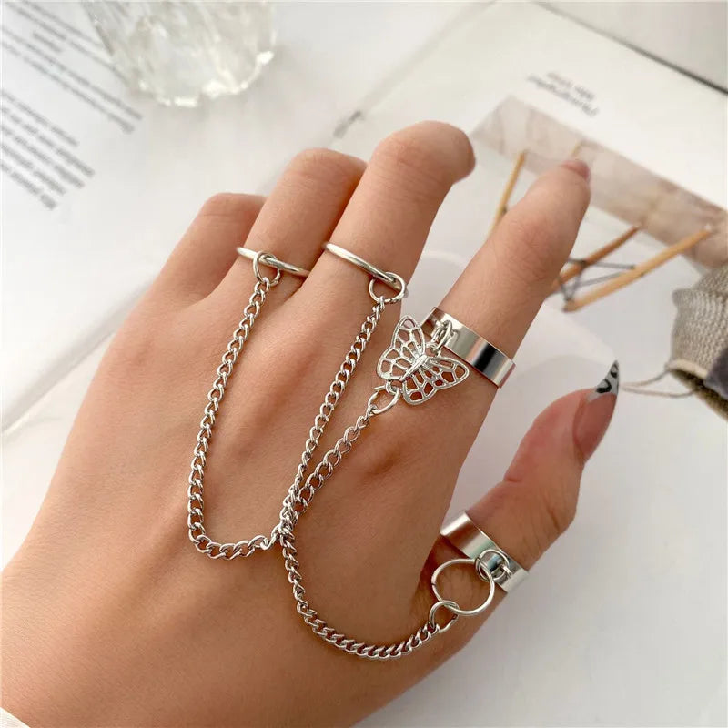 Punk Geometric Silver Color Chain Wrist Bracelet For Women Men Ring Charm Set Couple Emo Fashion Jewelry Gifts Pulsera Mujer