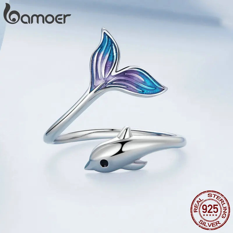 Bamoer Authentic 925 Sterling Silver Dolphin Ring for Women Fine Jewelry Colored Cute Tail Ring Kids Beach Party Gift BSR270