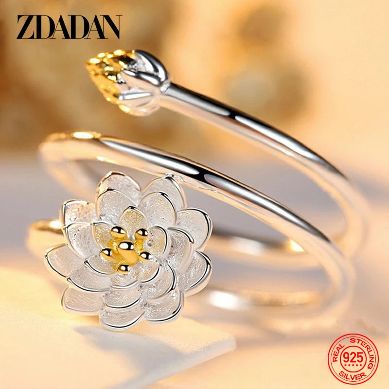 ZDADAN 925 Silver Lotus Open Cuff Bracelets Bangle Ring Set For Women Fashion Jewelry