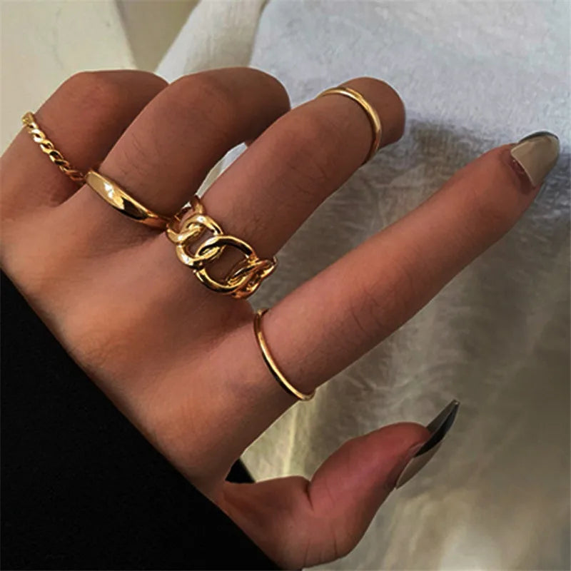 Punk Geometric Silver Color Chain Wrist Bracelet For Women Men Ring Charm Set Couple Emo Fashion Jewelry Gifts Pulsera Mujer