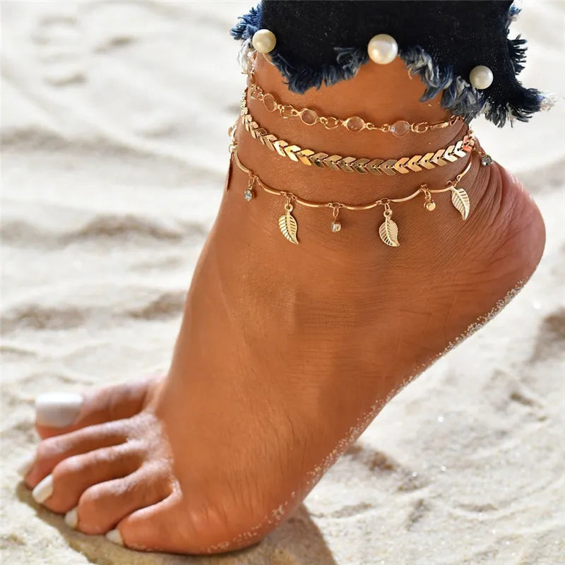 Bohemia Gold Silver Color Chain Ankle Bracelet On Leg Foot Jewelry Boho Pineapple Star Charm Anklet Set For Women Accessories