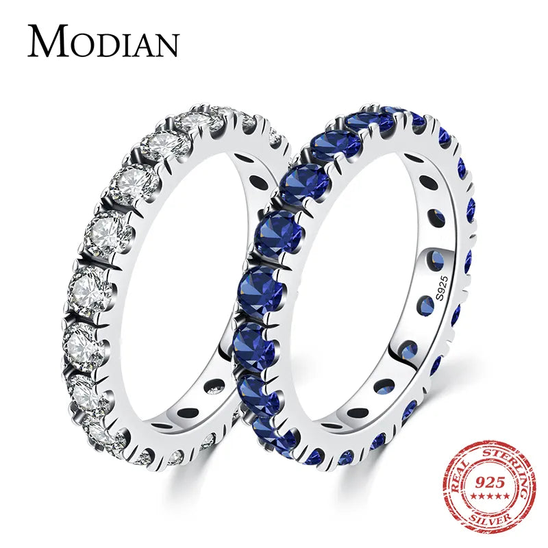 MODIAN Luxury Sparkling Blue Cubic Zirconia Ring 925 Sterling Silver Classic Stackable Finger Rings For Women Statement Jewelry