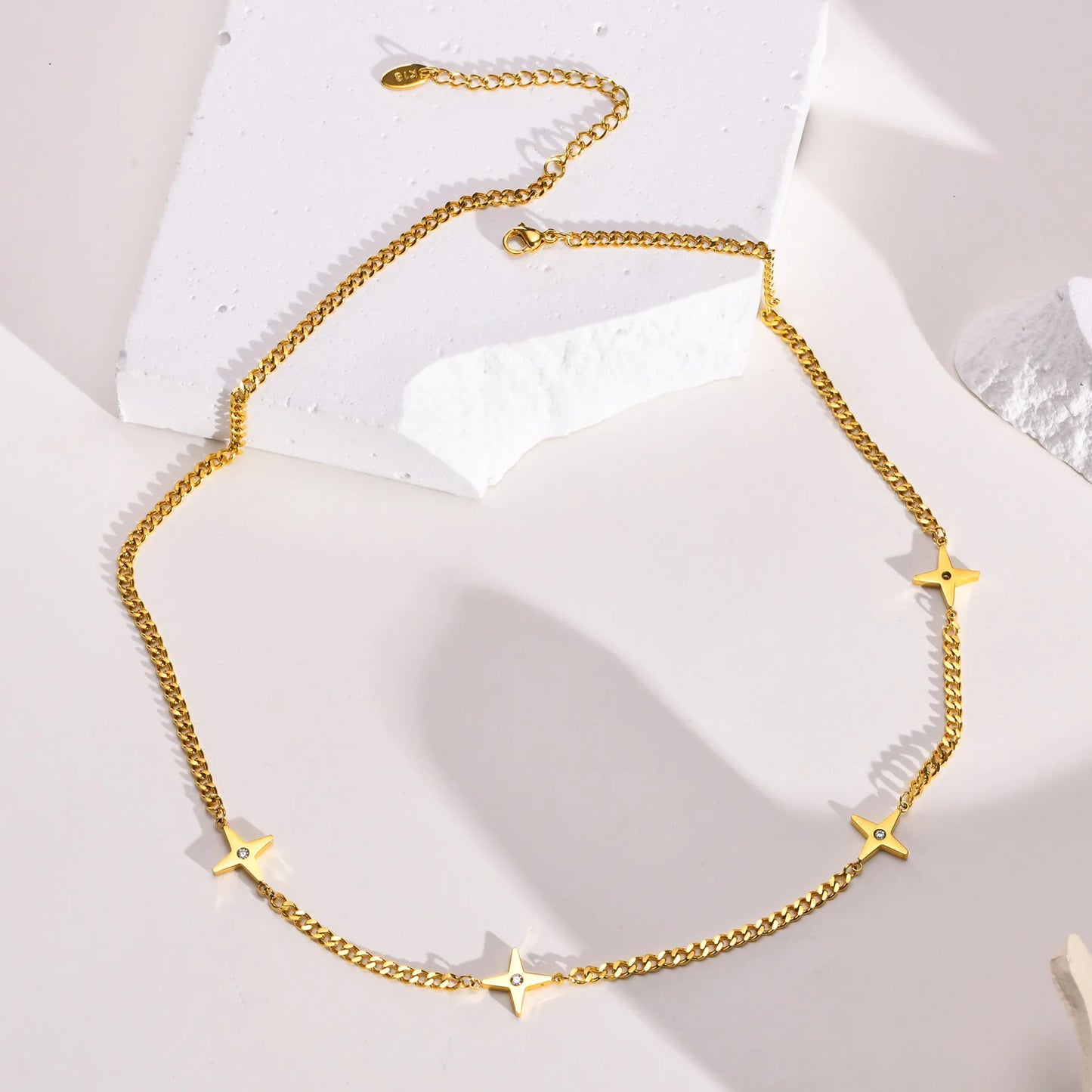 CZ Four-point Star Chain Necklace, Stainless Steel Gold Plated Charm Necklace Women, Minimal Boho Jewelry