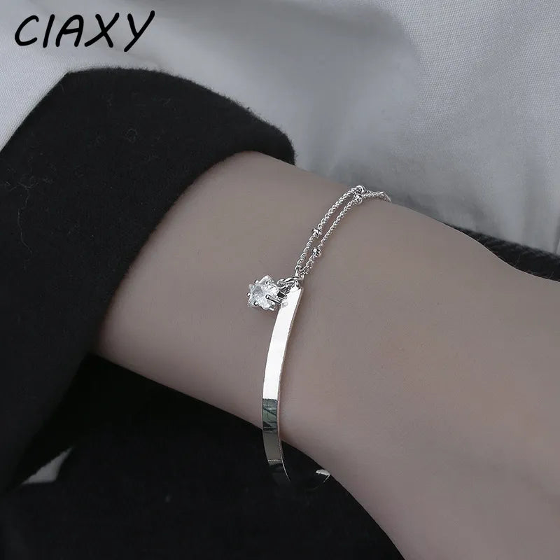 CIAXY Silver Color Inlaid Zircon Five-pointed Star Bracelets for Women Double Laye Chain Bracelet Bangle Friends Luxury Jewelry