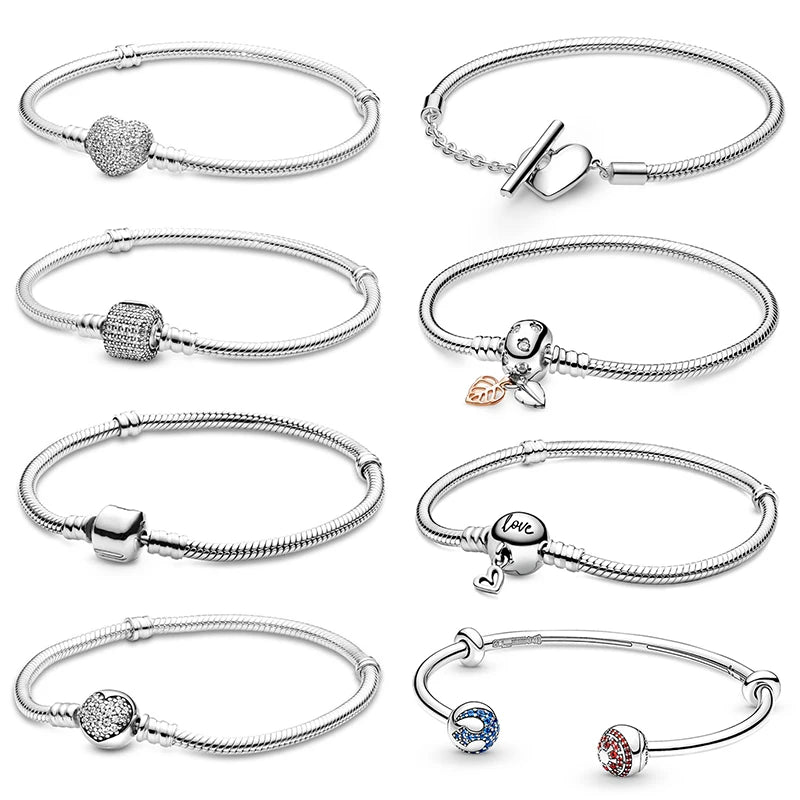 Hot Women Bracelet 925 Sterling Silver Heart Snake Chain Bracelet Fit Original Pendant Safety Chain Charm Bead Women Jewelry