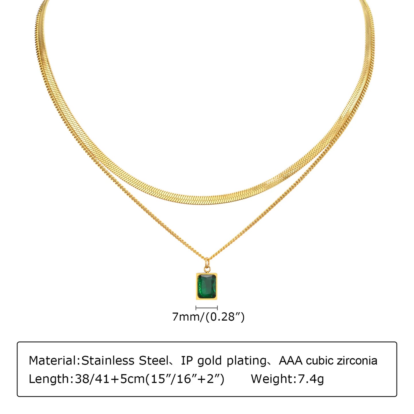 Layering Necklace for Women, Gold Plated Stainless Steel Green Zirconia Rectangle Pendant, Herringbone Chain Choker, Set 2Pcs