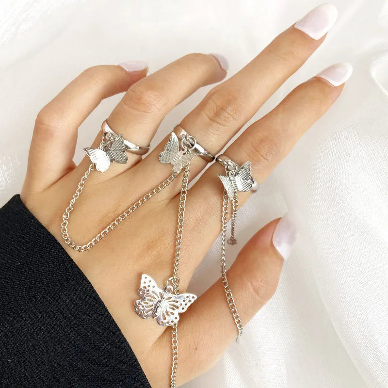 Punk Geometric Silver Color Chain Wrist Bracelet For Women Men Ring Charm Set Couple Emo Fashion Jewelry Gifts Pulsera Mujer