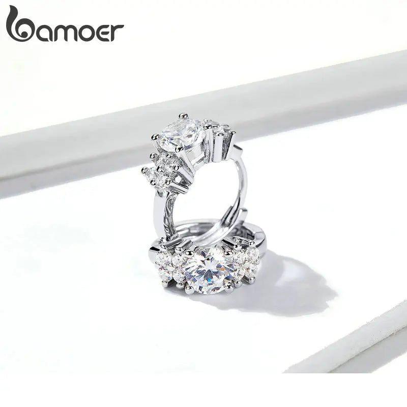 BAMOER 925 Sterling Silver Crystal Round Circle Clear Cubic Zircon Hoop Earrings for Women Sterling Silver Jewelry SCE485