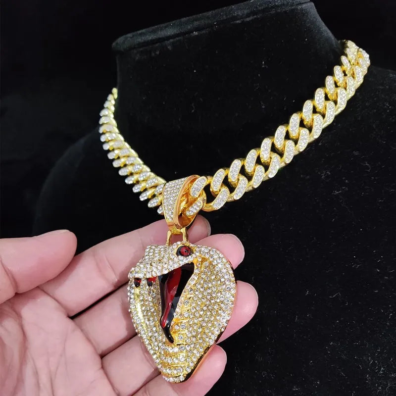 Men Women Hip hop Snake Shape Pendant Necklace with 13mm Crystal Cuban Chain Hiphop originality Necklaces fashion Charm jewelry