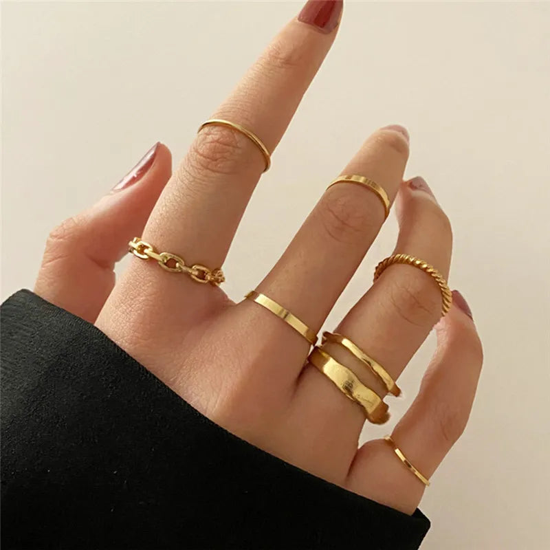 Punk Geometric Silver Color Chain Wrist Bracelet For Women Men Ring Charm Set Couple Emo Fashion Jewelry Gifts Pulsera Mujer