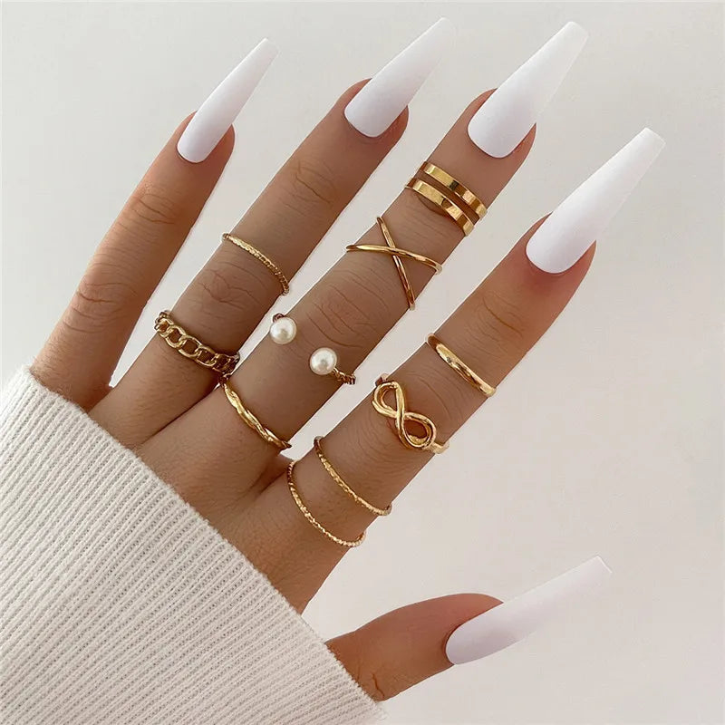 Punk Geometric Silver Color Chain Wrist Bracelet For Women Men Ring Charm Set Couple Emo Fashion Jewelry Gifts Pulsera Mujer