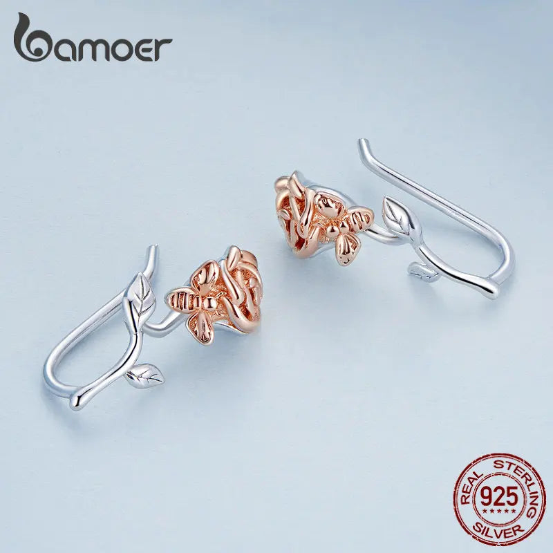 Bamoer Genuine 925 Sterling Silver 3D Rose Stud Earrings Fine Making Jewelry Wedding Party Gift Flower Piercing Earrings BSE682