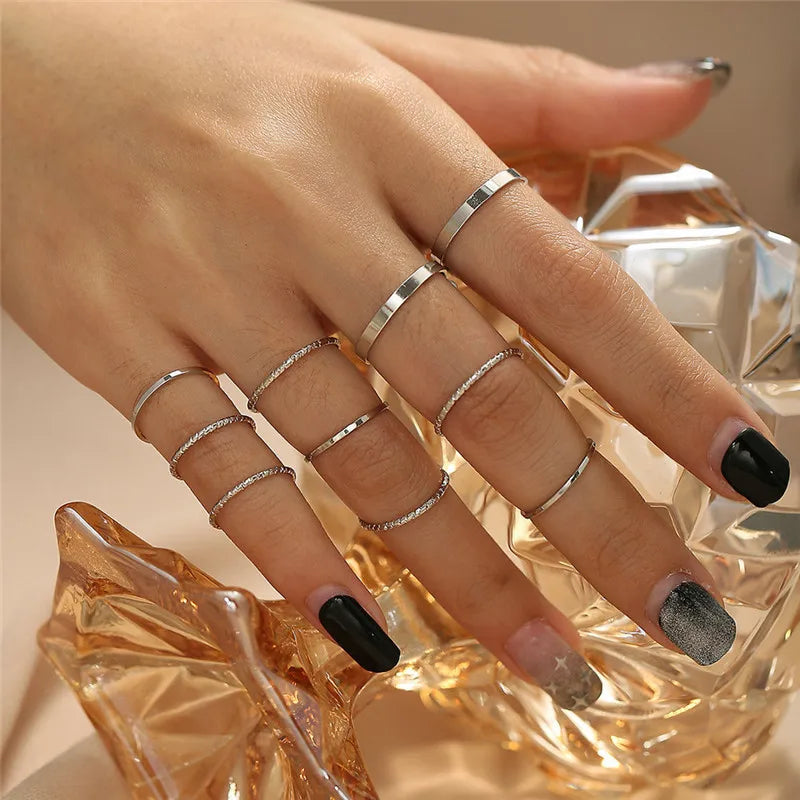 Punk Geometric Silver Color Chain Wrist Bracelet For Women Men Ring Charm Set Couple Emo Fashion Jewelry Gifts Pulsera Mujer