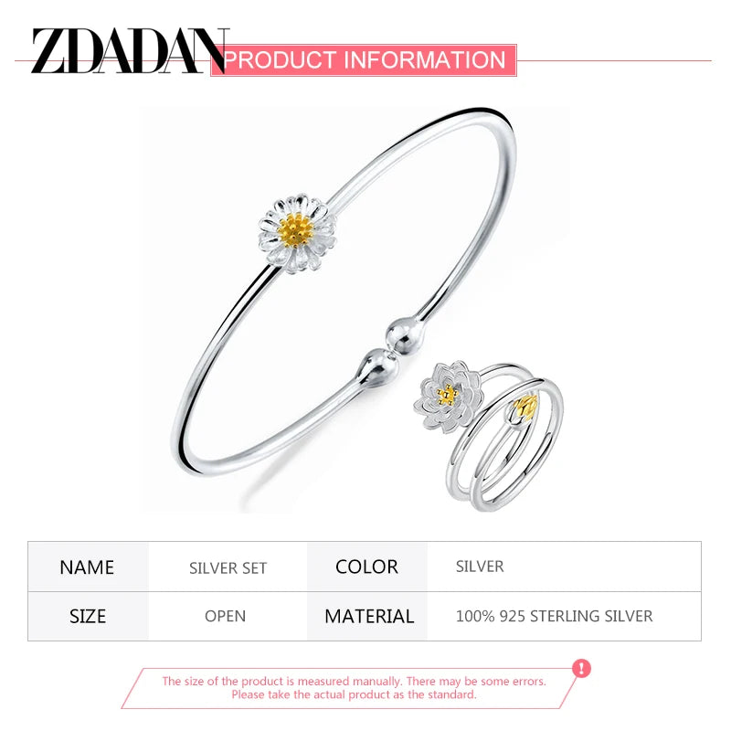 ZDADAN 925 Silver Lotus Open Cuff Bracelets Bangle Ring Set For Women Fashion Jewelry