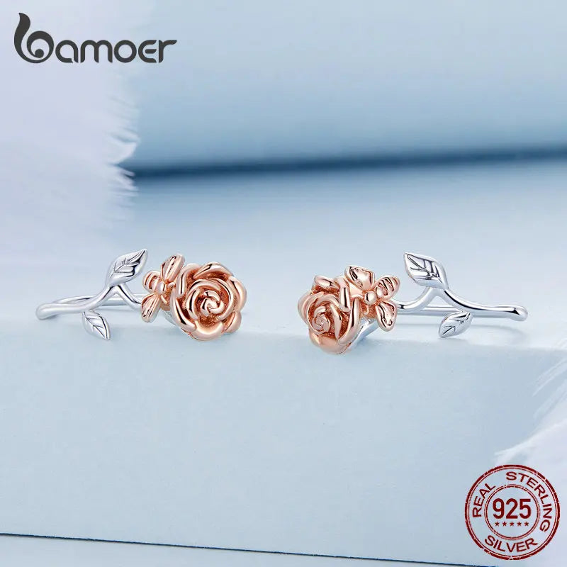 Bamoer Genuine 925 Sterling Silver 3D Rose Stud Earrings Fine Making Jewelry Wedding Party Gift Flower Piercing Earrings BSE682