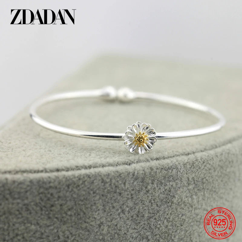 ZDADAN 925 Silver Lotus Open Cuff Bracelets Bangle Ring Set For Women Fashion Jewelry