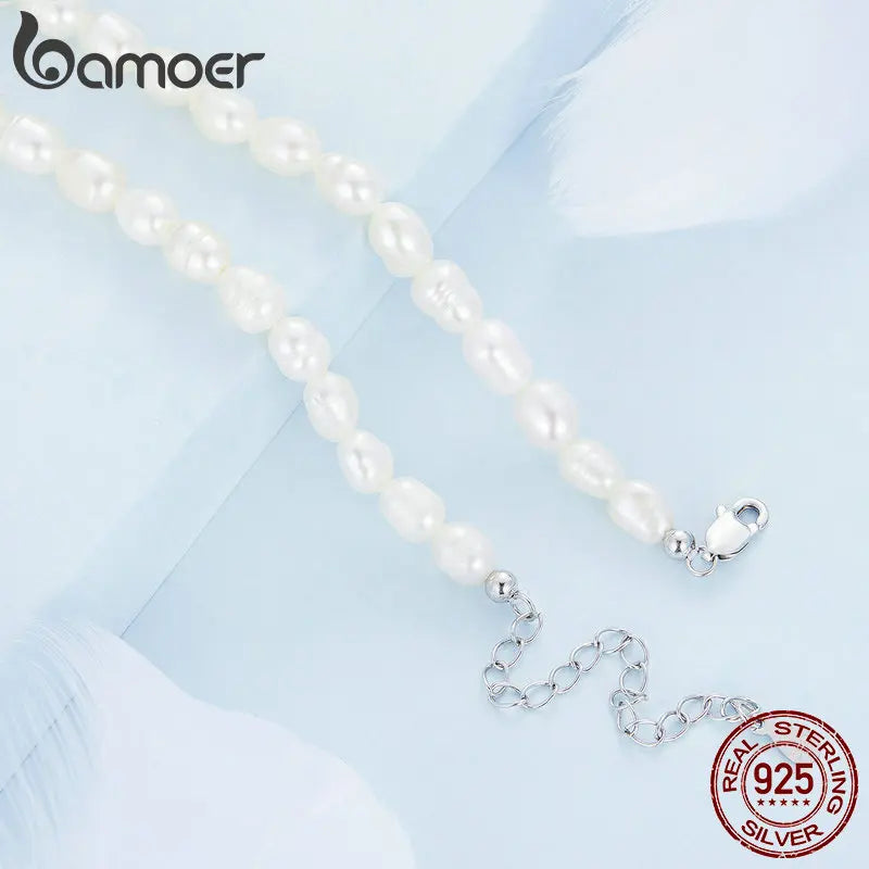 Bamoer 925 Sterling Silver Natural Pearl Necklace Irregular Fresh Water Pearl Neck Chain for Women Elegent Fine Jewelry BSN272