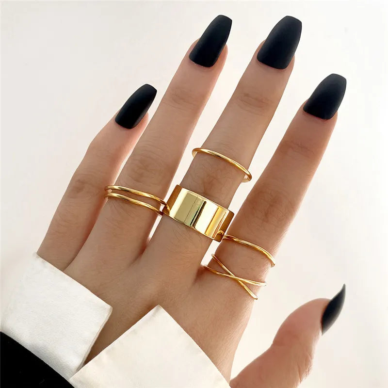 Punk Geometric Silver Color Chain Wrist Bracelet For Women Men Ring Charm Set Couple Emo Fashion Jewelry Gifts Pulsera Mujer