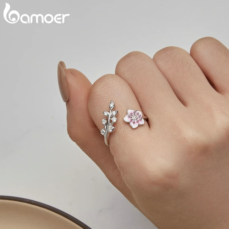 Bamoer 925 Sterling Silver Pink Cherry Blossom Opening Ring Enamel Flower Adjustable Ring for Women Pave Setting CZ Fine Jewelry