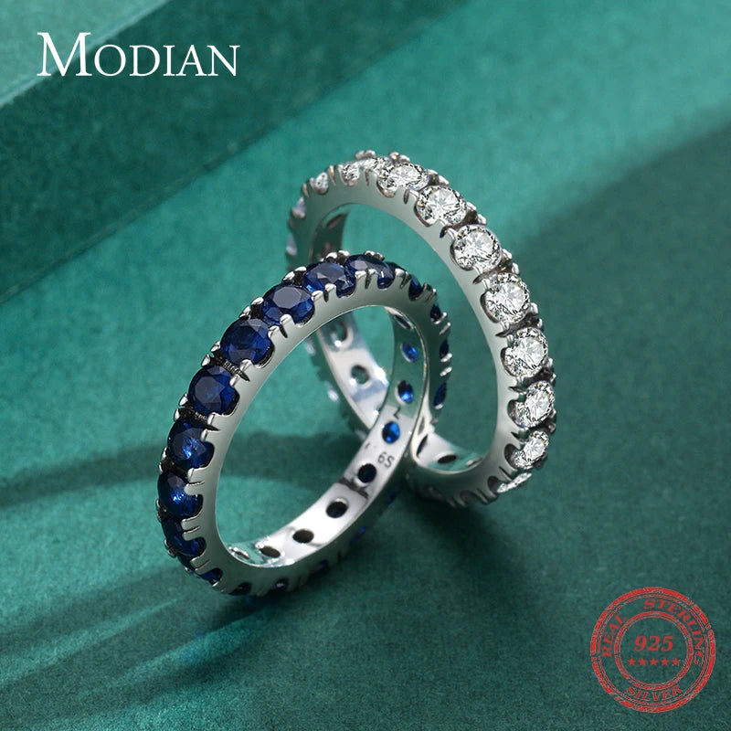 MODIAN Luxury Sparkling Blue Cubic Zirconia Ring 925 Sterling Silver Classic Stackable Finger Rings For Women Statement Jewelry