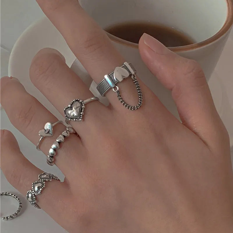 Punk Geometric Silver Color Chain Wrist Bracelet For Women Men Ring Charm Set Couple Emo Fashion Jewelry Gifts Pulsera Mujer