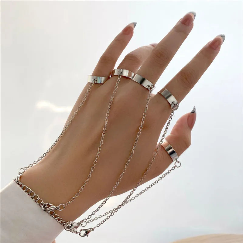 Punk Geometric Silver Color Chain Wrist Bracelet For Women Men Ring Charm Set Couple Emo Fashion Jewelry Gifts Pulsera Mujer