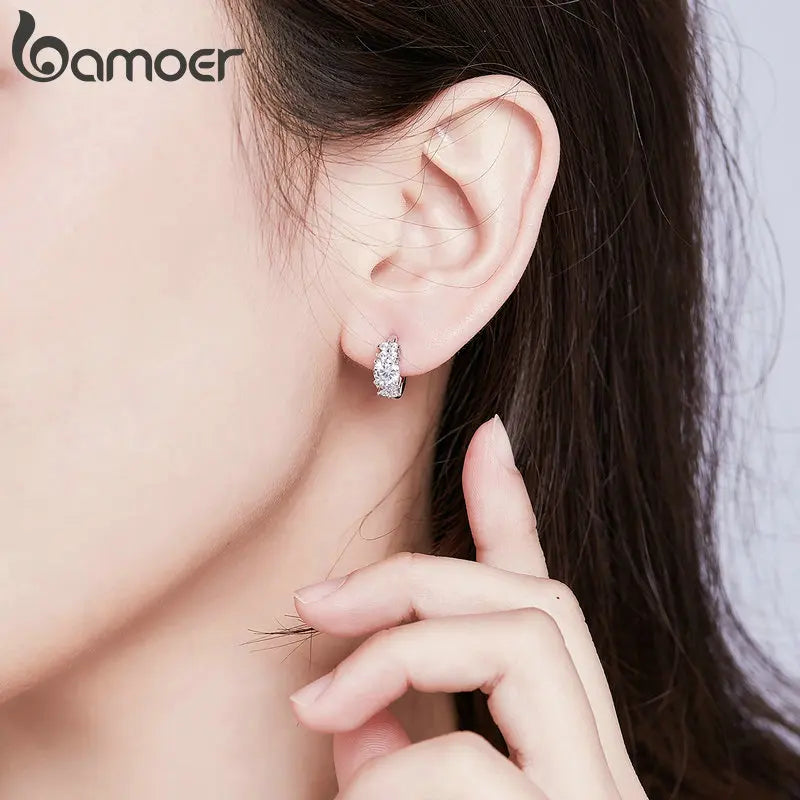 BAMOER 925 Sterling Silver Crystal Round Circle Clear Cubic Zircon Hoop Earrings for Women Sterling Silver Jewelry SCE485