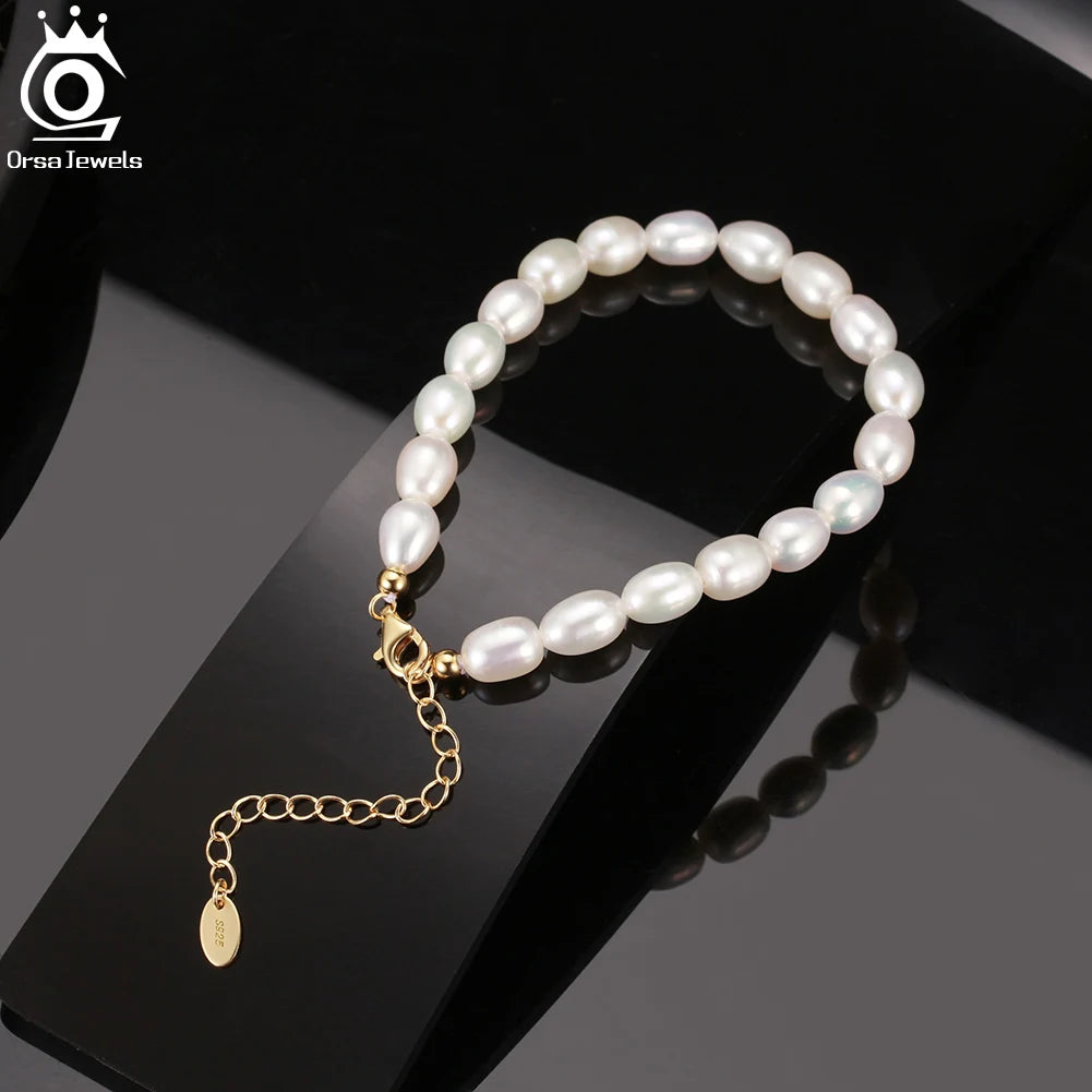 ORSA JEWELS Natural Pearl Bracelets for Women 14K Gold 925 Sterling Silver Bracelets Bridal Party Prom Pearls Jewelry GPB11