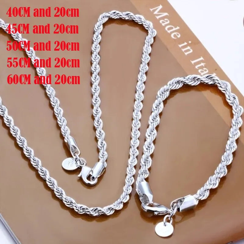 Silver Color 4mm Chain Male Twisted Rope Necklace Bracelets Fashion Women Men Silver High Quality Jewelry Set