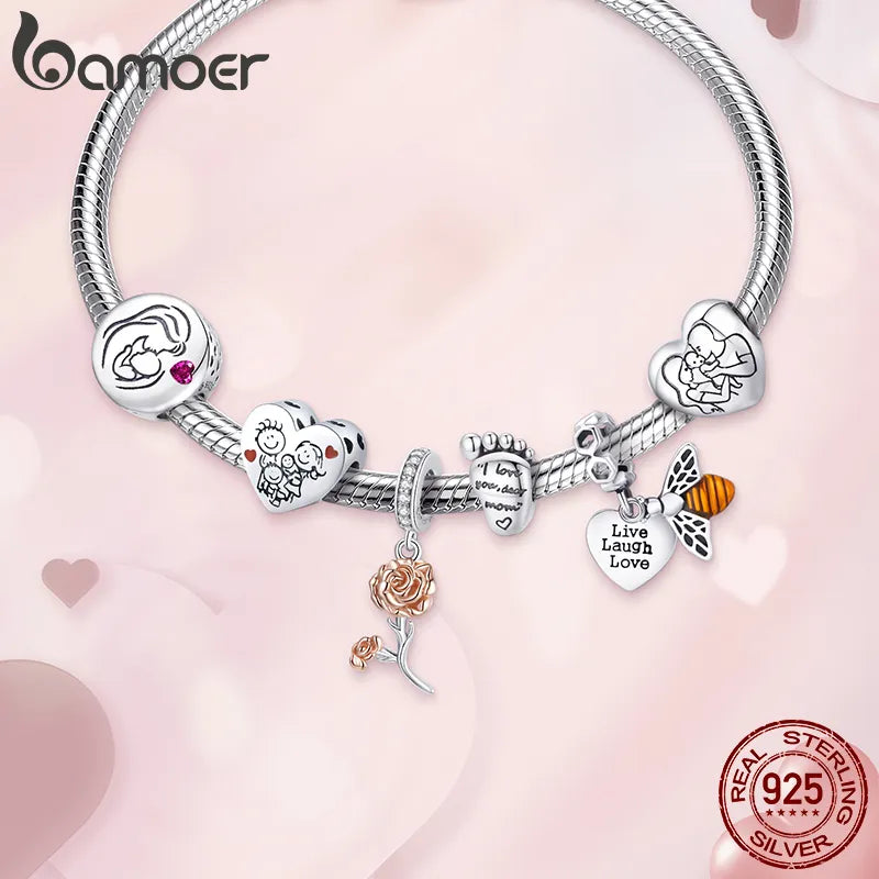 bamoer 925 Sterling Silver Family Maternal Love Charm Baby Feet Bead Mom Heart Pendant for Original Bracelet Bangle DIY Jewelry