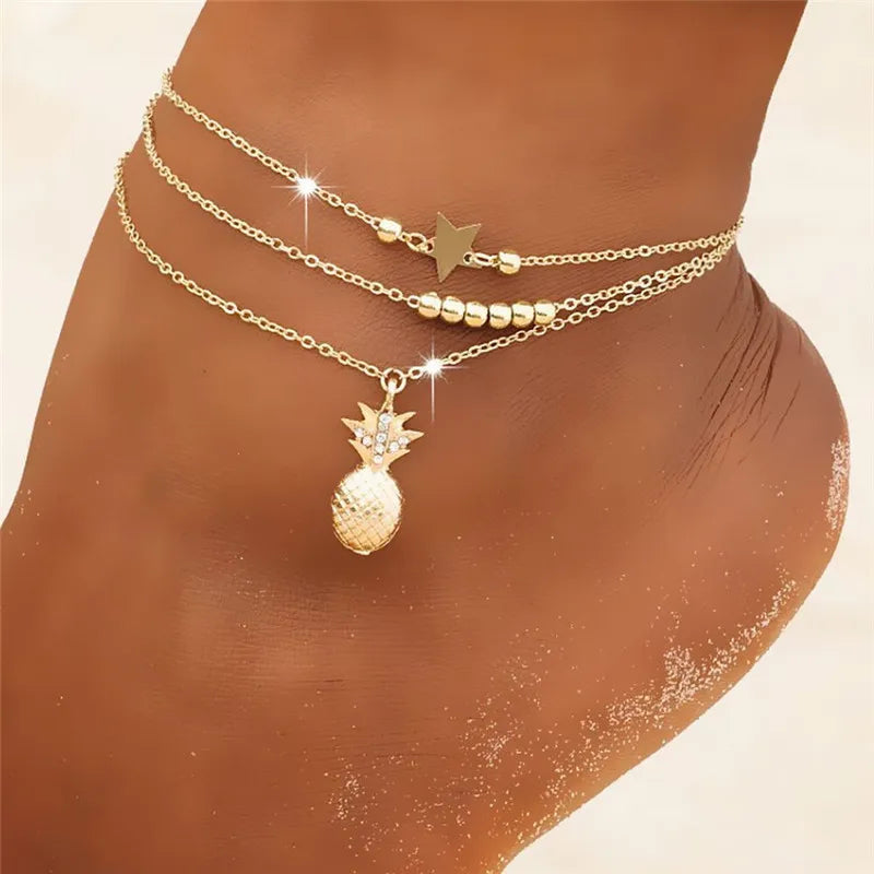 Bohemia Gold Silver Color Chain Ankle Bracelet On Leg Foot Jewelry Boho Pineapple Star Charm Anklet Set For Women Accessories