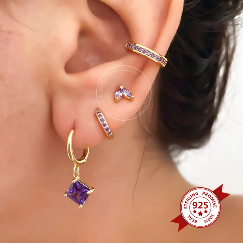 CCFJOYA 100% 925 Sterling Silver Purple Zircon CZ Small Stud Earrings For Women Girls Gold Color Piercing Earings Jewelry