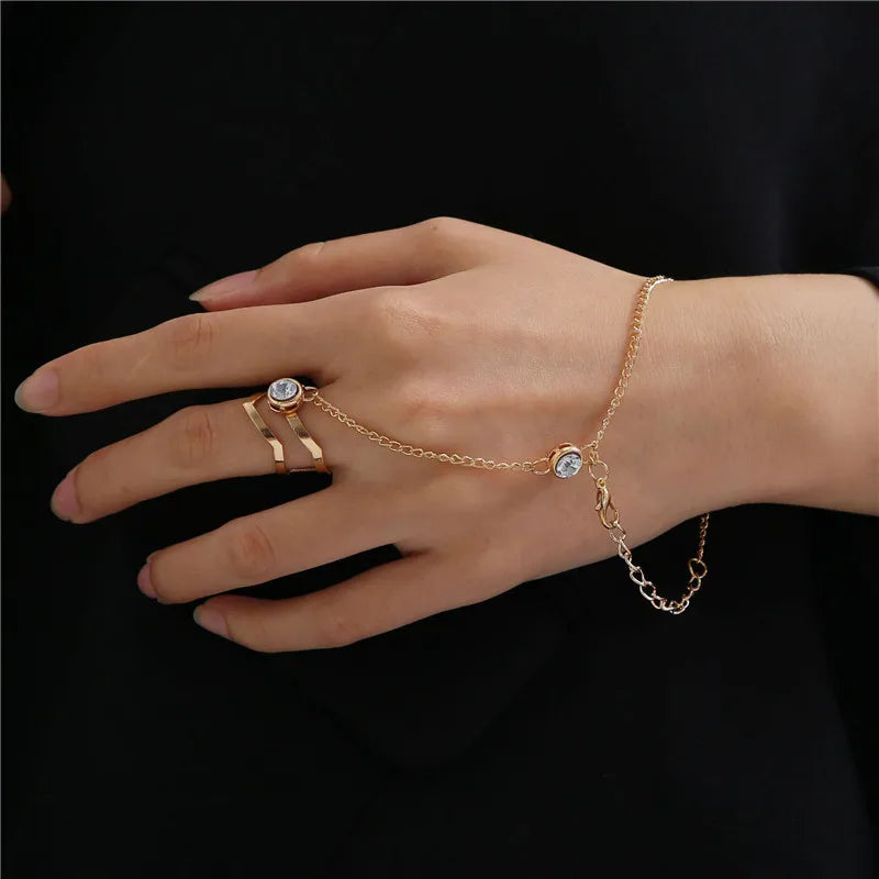 Punk Geometric Silver Color Chain Wrist Bracelet For Women Men Ring Charm Set Couple Emo Fashion Jewelry Gifts Pulsera Mujer