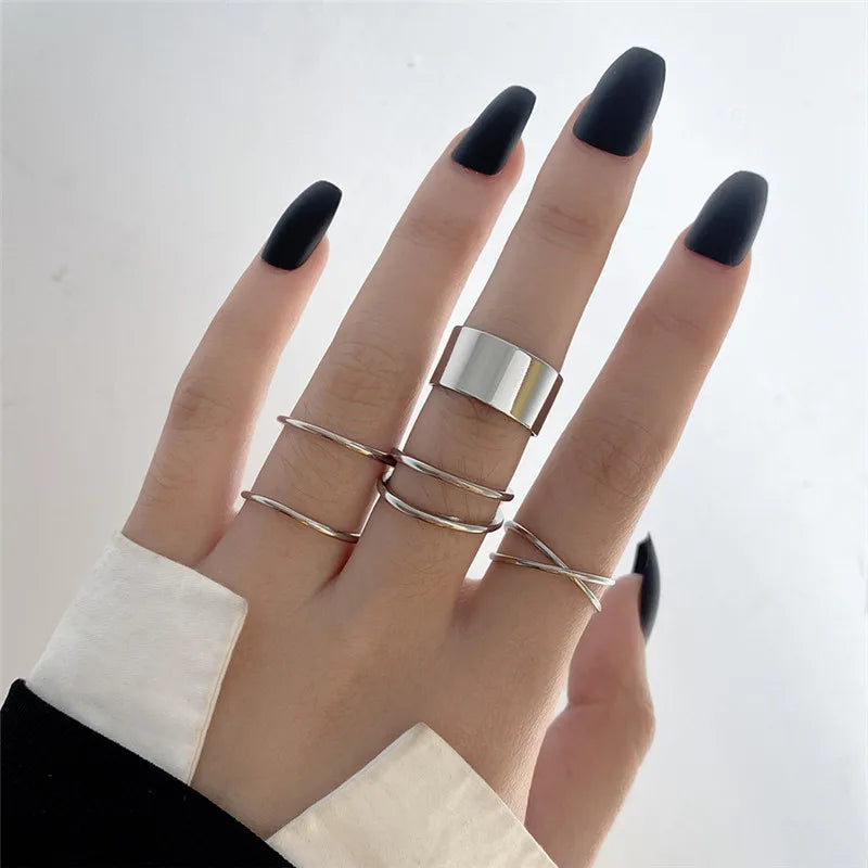 Punk Geometric Silver Color Chain Wrist Bracelet For Women Men Ring Charm Set Couple Emo Fashion Jewelry Gifts Pulsera Mujer