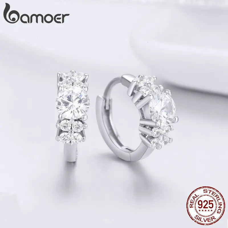 BAMOER 925 Sterling Silver Crystal Round Circle Clear Cubic Zircon Hoop Earrings for Women Sterling Silver Jewelry SCE485