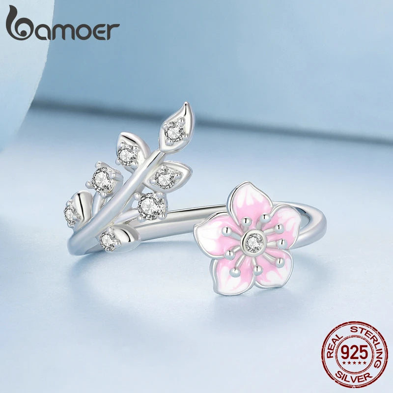 Bamoer 925 Sterling Silver Pink Cherry Blossom Opening Ring Enamel Flower Adjustable Ring for Women Pave Setting CZ Fine Jewelry