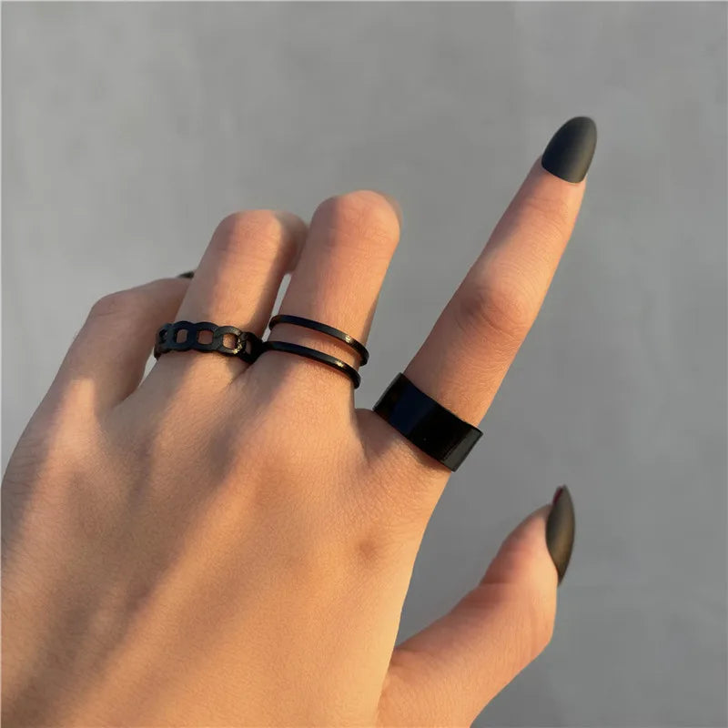 Punk Geometric Silver Color Chain Wrist Bracelet For Women Men Ring Charm Set Couple Emo Fashion Jewelry Gifts Pulsera Mujer