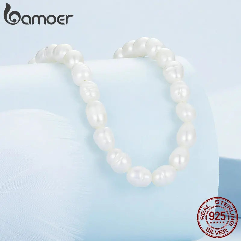 Bamoer 925 Sterling Silver Natural Pearl Necklace Irregular Fresh Water Pearl Neck Chain for Women Elegent Fine Jewelry BSN272