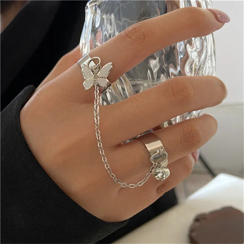 Punk Geometric Silver Color Chain Wrist Bracelet For Women Men Ring Charm Set Couple Emo Fashion Jewelry Gifts Pulsera Mujer