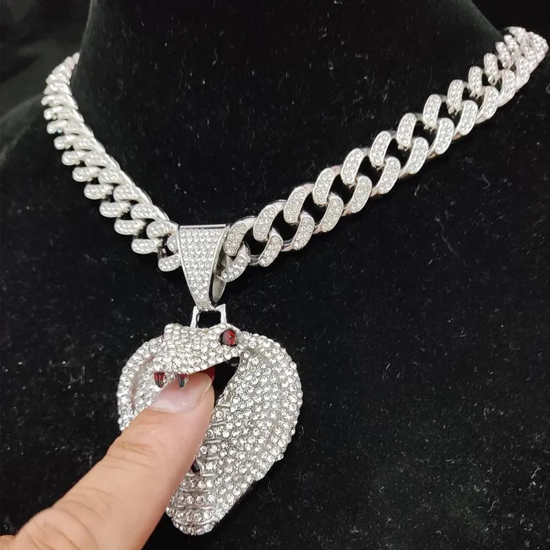 Men Women Hip hop Snake Shape Pendant Necklace with 13mm Crystal Cuban Chain Hiphop originality Necklaces fashion Charm jewelry