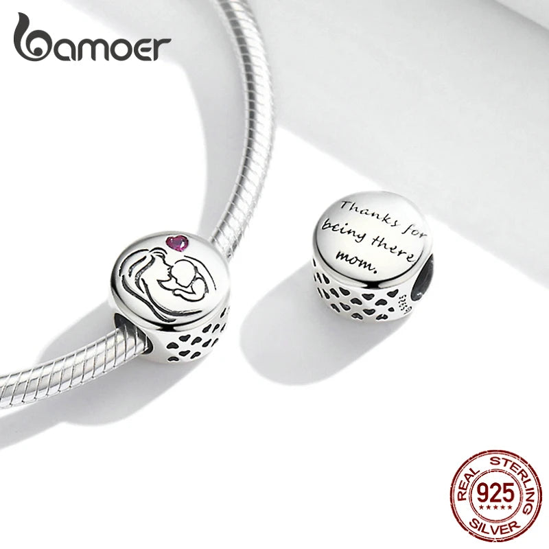 bamoer 925 Sterling Silver Family Maternal Love Charm Baby Feet Bead Mom Heart Pendant for Original Bracelet Bangle DIY Jewelry