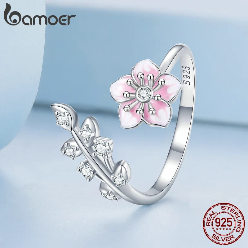 Bamoer 925 Sterling Silver Pink Cherry Blossom Opening Ring Enamel Flower Adjustable Ring for Women Pave Setting CZ Fine Jewelry