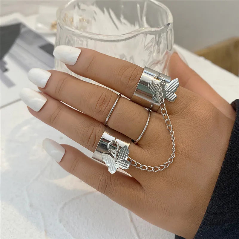 Punk Geometric Silver Color Chain Wrist Bracelet For Women Men Ring Charm Set Couple Emo Fashion Jewelry Gifts Pulsera Mujer