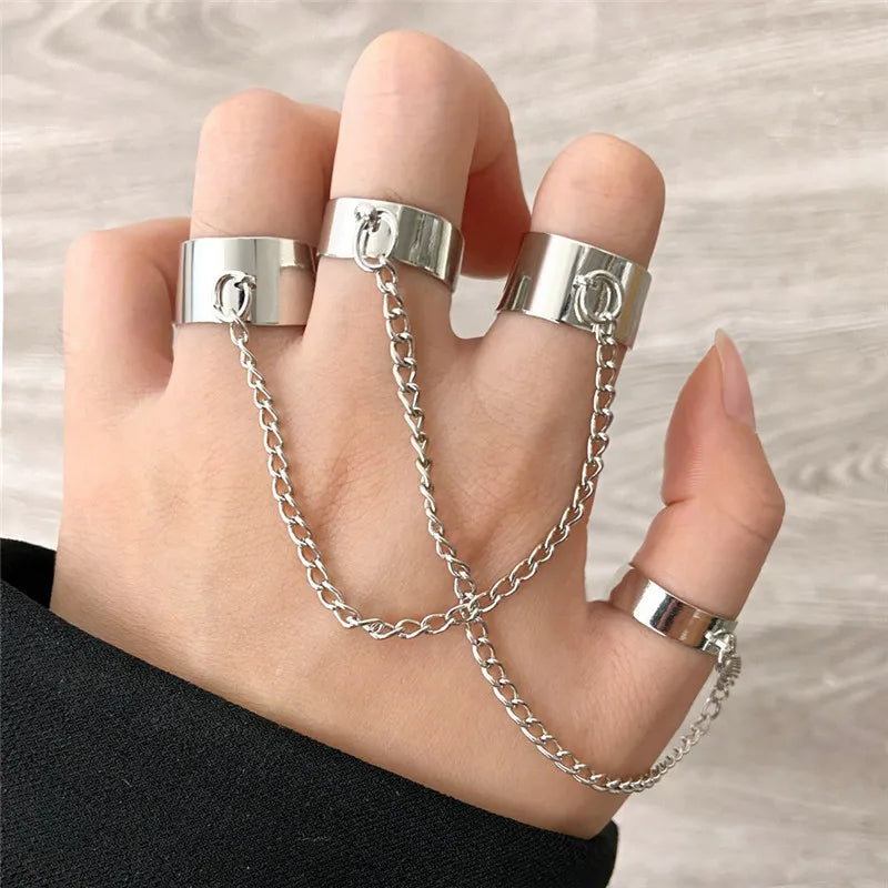 Punk Geometric Silver Color Chain Wrist Bracelet For Women Men Ring Charm Set Couple Emo Fashion Jewelry Gifts Pulsera Mujer