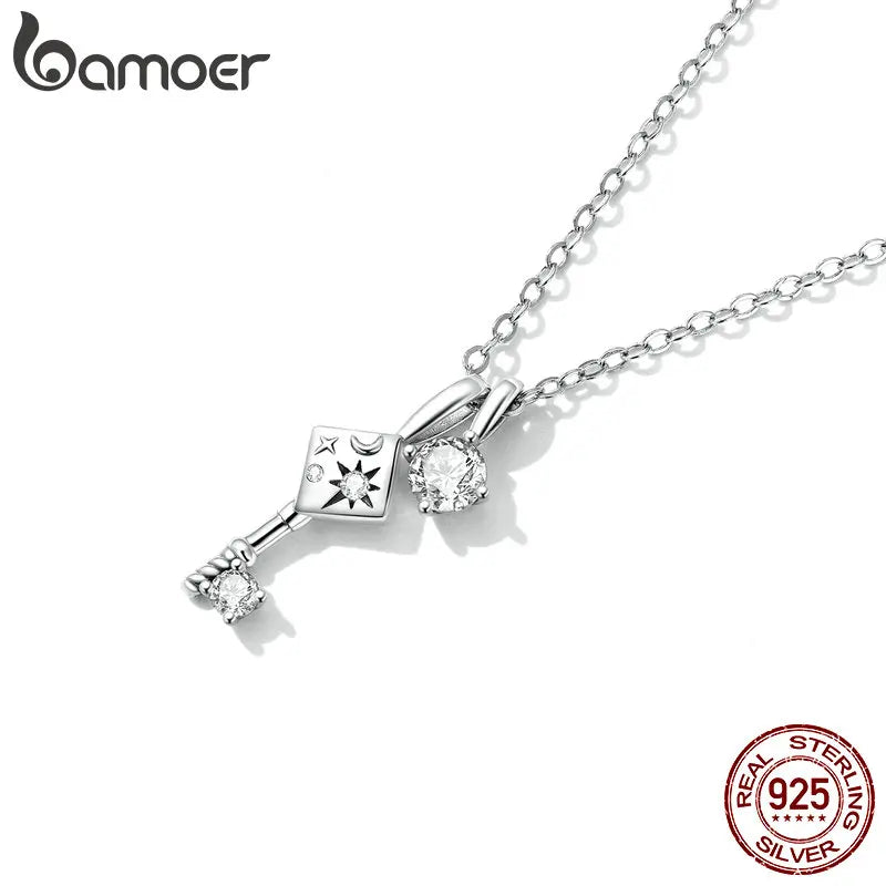 Bamoer 925 Sterling Silver Delicate Key & Lock Necklace for Women Shiny Cubic Zircon Pendant Chain Fine Jewelry 16.93'' SCN475