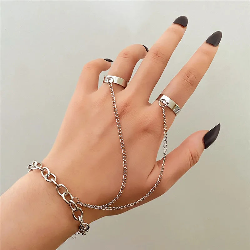 Punk Geometric Silver Color Chain Wrist Bracelet For Women Men Ring Charm Set Couple Emo Fashion Jewelry Gifts Pulsera Mujer