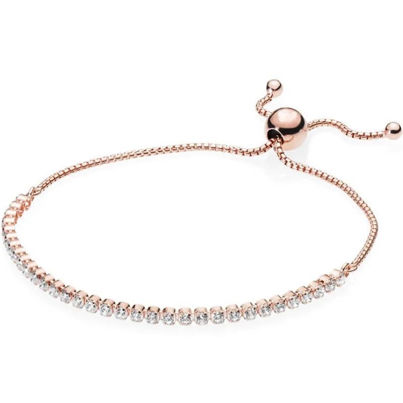 Authentic 925 Sterling Silver Clear & Pink Classic Tennis Sparkling Strand Adjust Bracelet Bangle Fit Bead Charm Fashion Jewelry