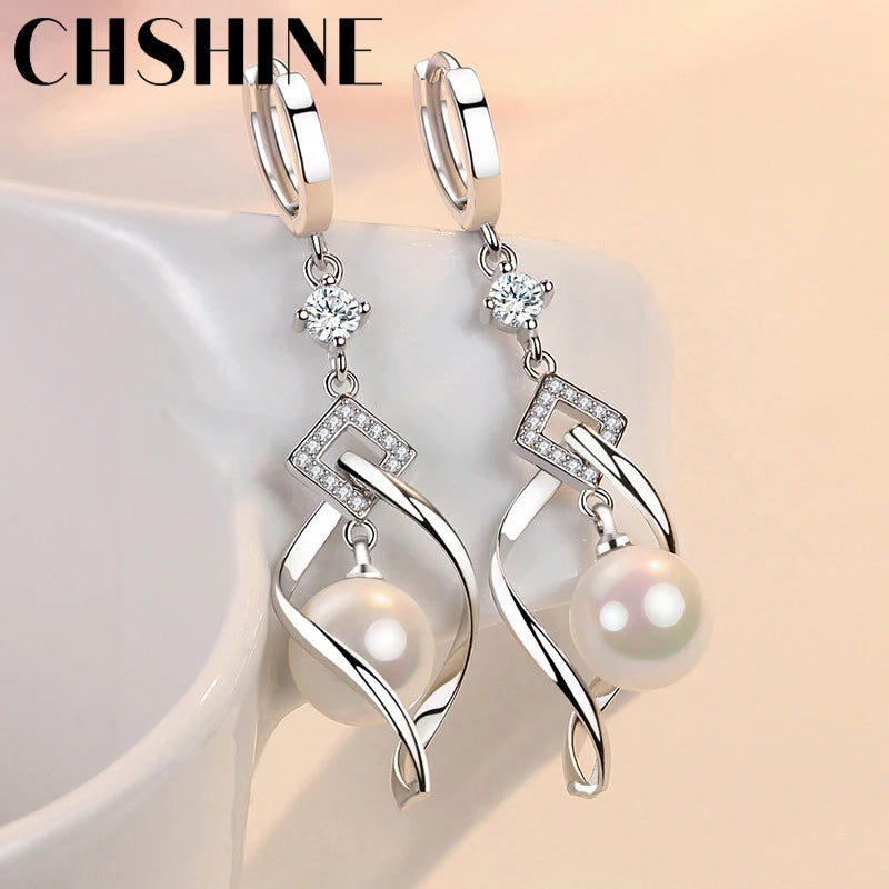 CHSHINE 925 Sterling Silver Natural Pearl Rotate Earrings for Women's Wedding Gift Fashion Jewelry