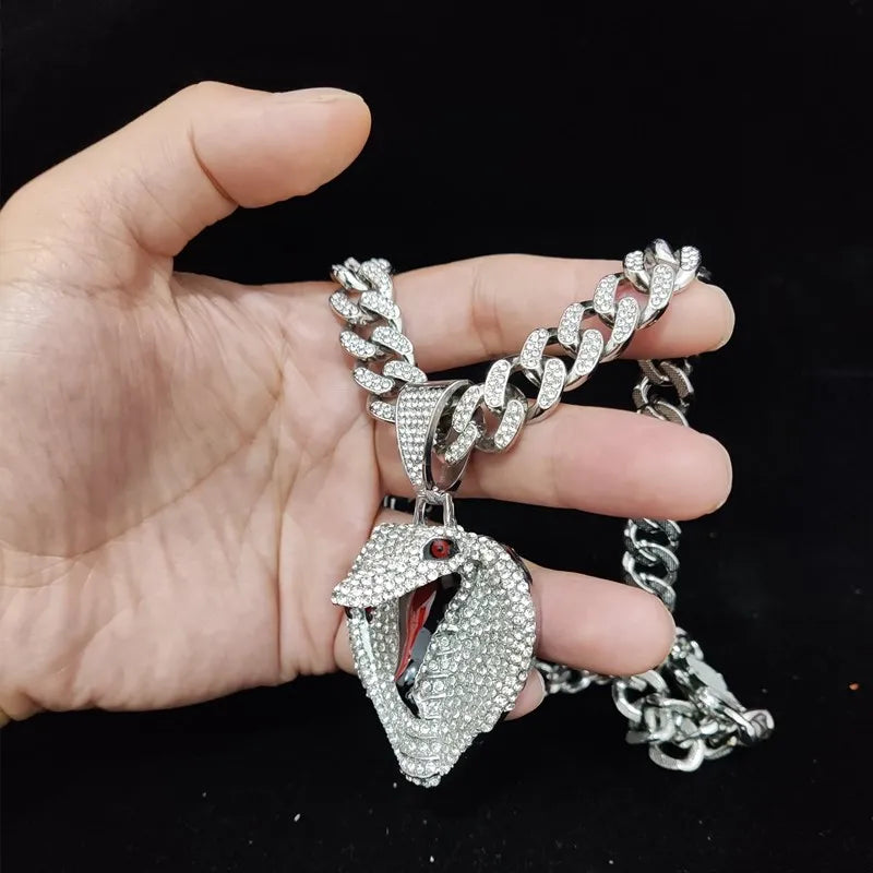 Men Women Hip hop Snake Shape Pendant Necklace with 13mm Crystal Cuban Chain Hiphop originality Necklaces fashion Charm jewelry