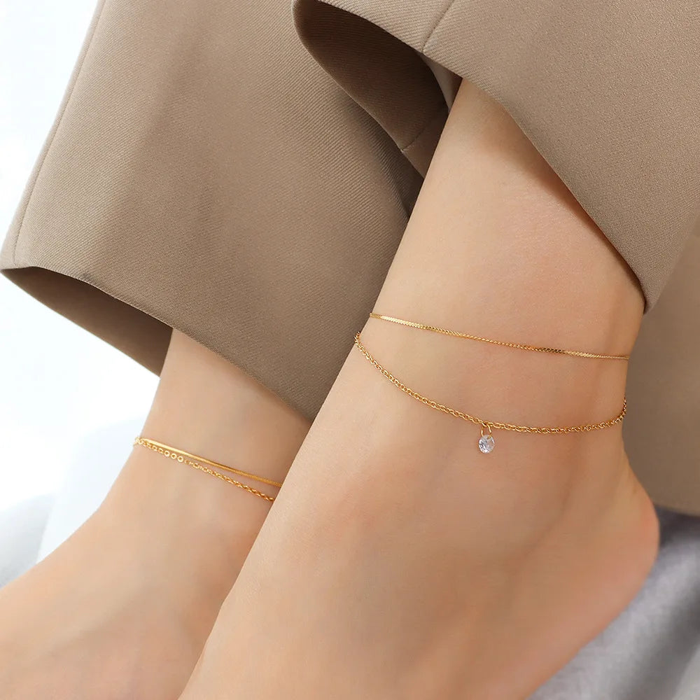 Stainless Steel Zircon Anklet Chain Double Layered Gold Plated Anklets for Women Trendy Foot Jewelry Girls Bracelet On the Leg